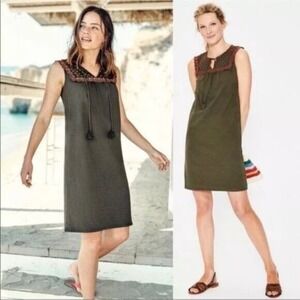 Boden Olive Green Embroidered eyelet Pink/Coral Tassel Neck Dress US 8 Spring